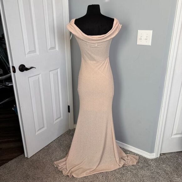 Windsor Off-Shoulder Champagne Glitter Evening Gown Side Slit Formal Dress - Picture 7 of 14